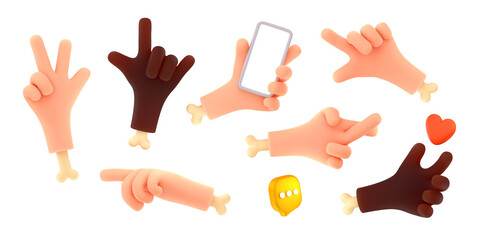 3D illustration set of multiethnic hand gestures isolated on white background. Victory, rock signs, fingers crossed for good luck, character pointing, holding smartphone, red heart, chat cloud symbol