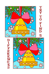 Find differences visual puzzle or picture riddle of bell christmas tree ornament with red bow. 
