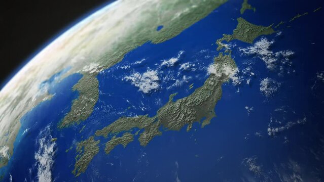 Map view of Japan from above the clouds from space.