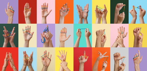 Collage of human hands with rubber bands on color background