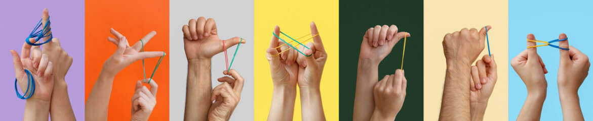 Set of human hands with rubber bands on color background