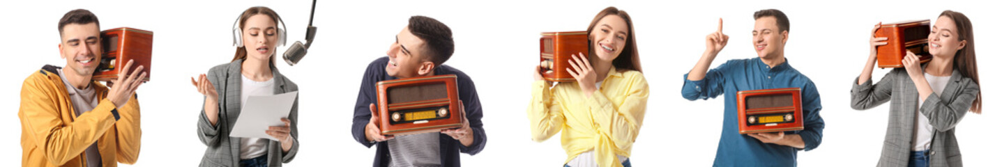 Collage of young people with retro receivers and radio presenter with microphone on white background