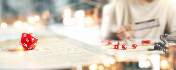 Role playing tabletop and board game hobby concept banner size background