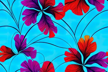 Abstract Hand Drawing Tropical Exotic Hibiscus Flowers and Leaves Seamless Pattern with Tie Dye Background