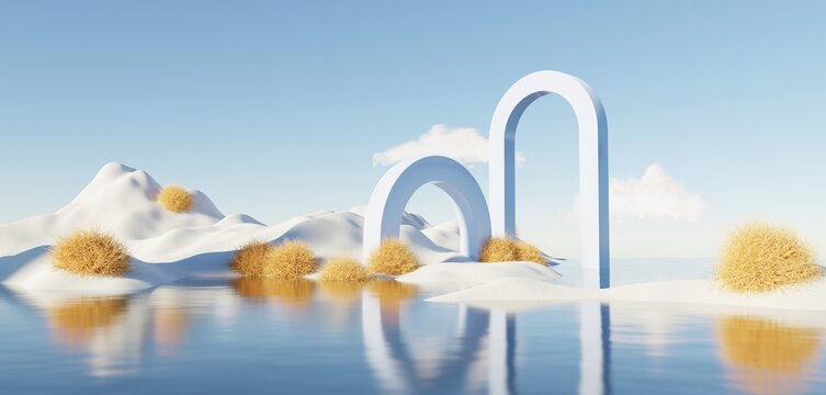 Abstract Dune in winter season landscape with geometric arch. Surreal Beautiful Dream land background. Relax and Clam island scene with water and natural clear sky. Metallic mirror arch. 3d render.