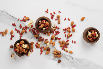 nut mixture in wooden bowls