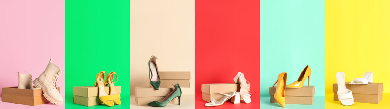 Collection of cardboard boxes with stylish shoes on color background