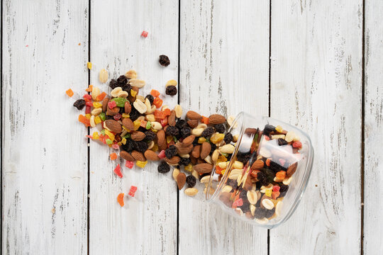 the nut mixture is scattered from a glass jar