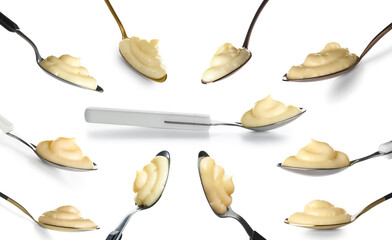 Collage of spoons with tasty vanilla pudding on white background