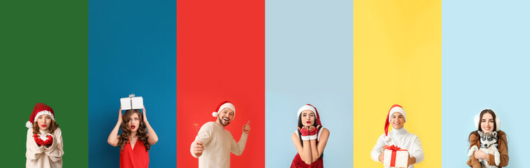 Collage of happy young people waiting for Christmas on color background