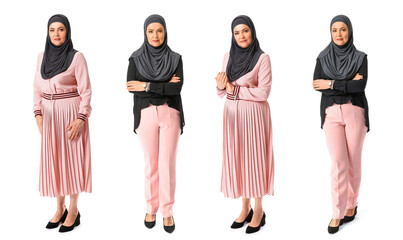 Collage of stylish mature Muslim woman on white background