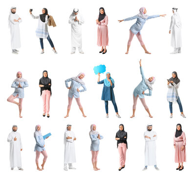 Collage of Arab people on white background