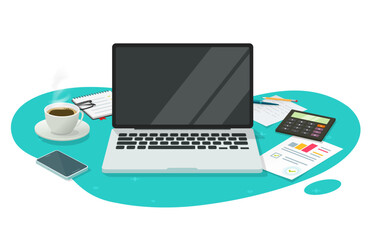 Computer laptop screen blank empty space vector 3d on table desk workplace office or pc display on abstract work desktop creative graphic illustration, research analysis workspace for education study