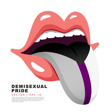 A mouth with a protruding tongue painted in the colors of the flag of demisexual pride. Limited sexual attraction. A colorful logo of one of the LGBT flags. Sexual identification.