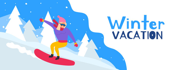 woman  snowborad sliding down winter mountain vacation extreme sport vector illustration