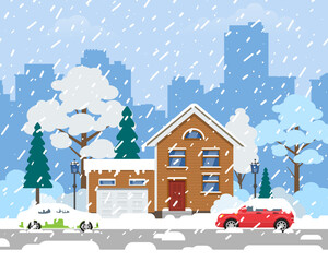 winter suburban house  city street view with  cars snowdrifts falling snow  vector illustration