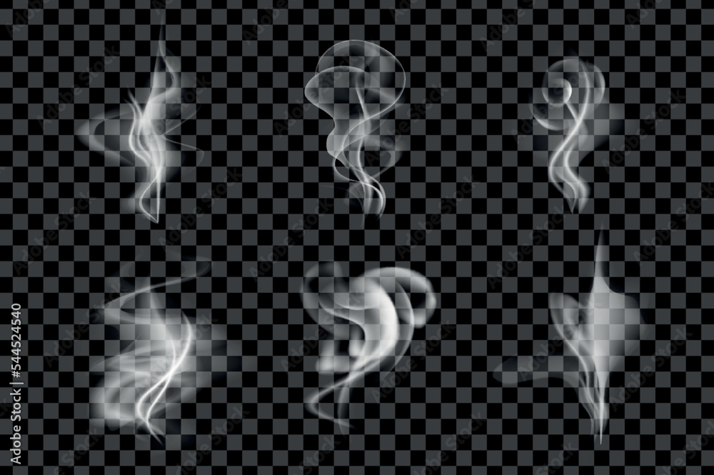 Poster steam smoke 3d set in realism design. bundle of curved smoke flow of different forms for tea, coffee