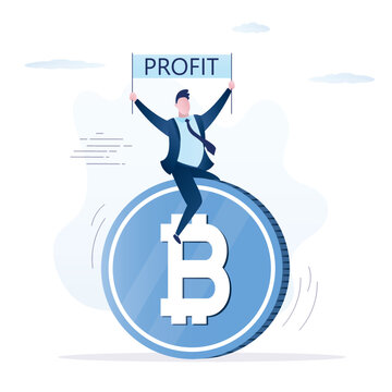 Big bitcoin is rolling in the direction of profits. Happy male investor sits on cryptocurrency and rides to success. Profitable investments in nft and blockchain technology.