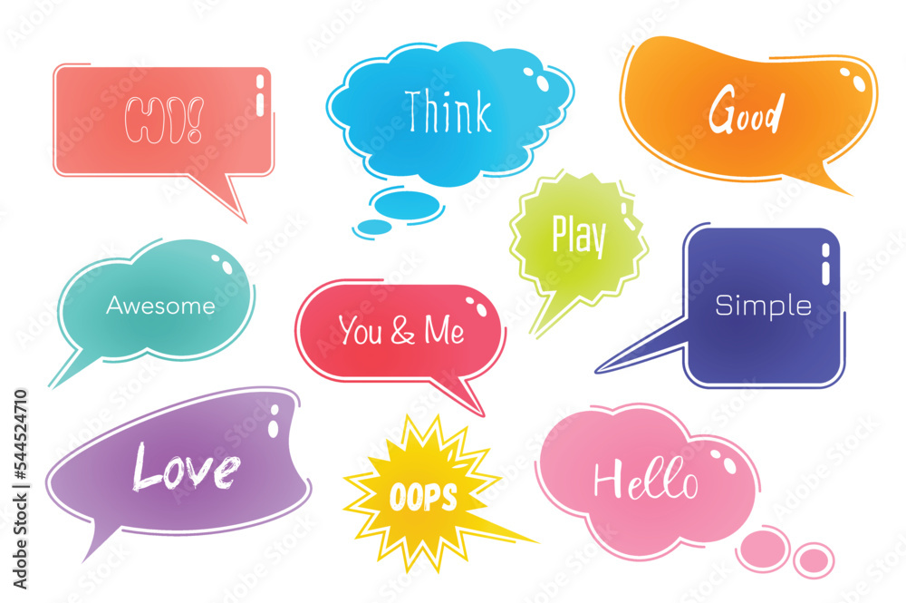 Aufkleber speech bubbles set in cartoon design. bundle of different shapes of dialog windows with inscriptions