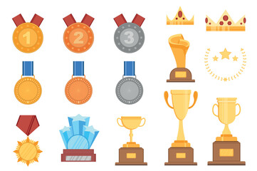 Victory trophies set in cartoon design. Bundle of golden, silver and bronze medals, win crowns, different gold cups, star emblems and other award prizes isolated flat elements. Vector illustration