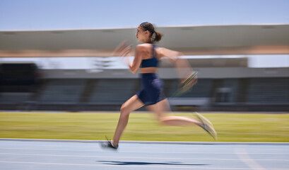 Woman, motion blur or running on stadium track in fitness training, workout or exercise for race,...