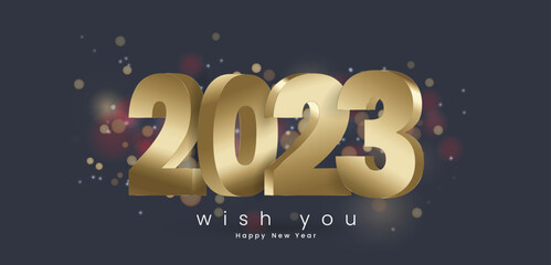 A Happy New Year gold 3Ds Letters designs on dark background with nice BOKEH light effects around 2023 for next year.
