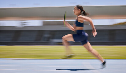 Fitness, speed and runner, woman running relay race with athlete and training on stadium track for...