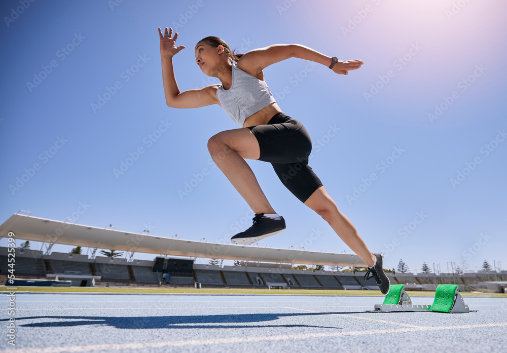 Sticker Woman runner, running and training on track, workout and exercise for race, marathon and sport in stadium. Speed, sports and fitness athlete with cardio, sprinter and fast run for Olympics event