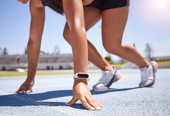 Hands, race and runner with a sports woman on track ready to start an endurance or cardio workout...