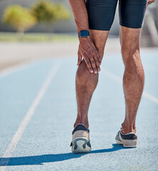 Legs injury for man running on track for cardio workout, sprint competition or marathon race....