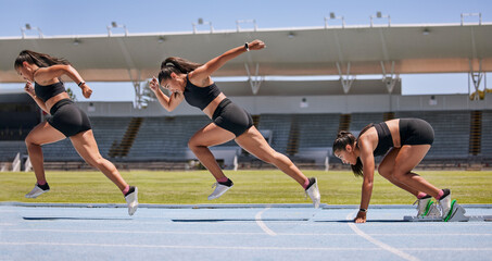 Athlete, running sequence or fitness training, stadium track exercise or workout race for marathon,...