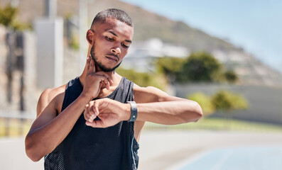 Fitness, runner or black man checking pulse on smartwatch for training time, wellness goal or...