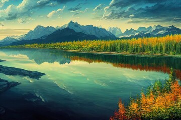 Great outdoors digital painting. 4k landscape of nature with trees mountains, clouds and river, lake. Alaska, canada landscape. Painting wallpaper, background. Bright environment illustration.
