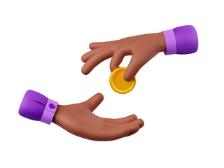 3D African American hands giving and taking golden coin isolated on white background. Illustration of character making charity donation, paying for service giving tips, receiving payment in cash