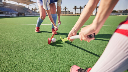 Sports game, field hockey and women challenge for ball in dynamic club competition, workout...