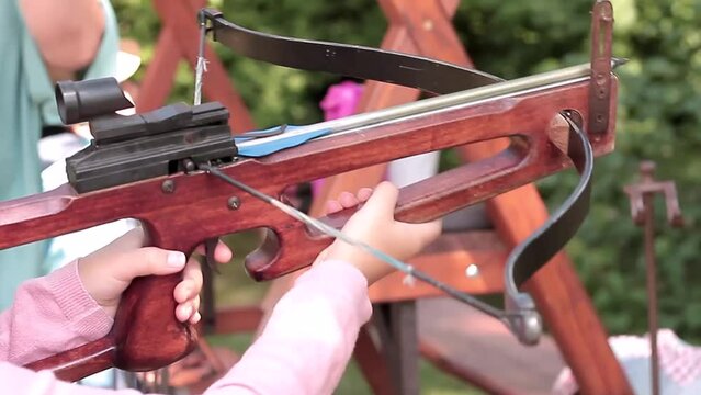 shooting with the crossbow for leisure with people stock video stock footage
