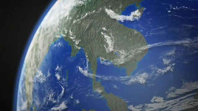 Map view of South East Asia from above the clouds from space.