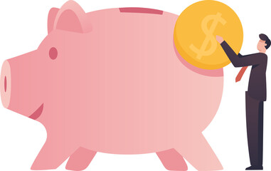 Businessman keeping cash on piggy bank.