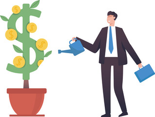Growing Money. Investment growth. Profits from the stock market. Career growth. Businessman watering Investment plants with US dollar.