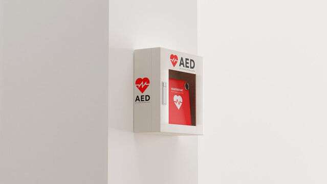白い壁に取り付けられたAED（救命除細動器）のフォトリアルな3Dレンダリングイラスト