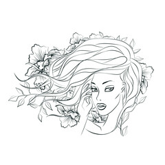 Beautiful girl on a flowers background. Isolated vector illustration. Elegant fashion female face in one line art style with flowers. Element design for prints, tattoos, posters, textiles, postcards. 