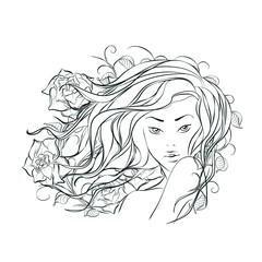 Fototapeta premium Beautiful girl on a flowers background. Isolated vector illustration. Elegant fashion female face in one line art style with flowers. Element design for prints, tattoos, posters, textiles, postcards. 