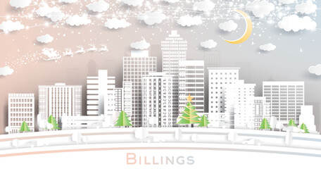 Billings Montana City Skyline in Paper Cut Style with Snowflakes, Moon and Neon Garland.