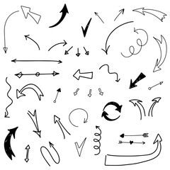 Vector illustration of a set of arrows different shapes and sizes, pointers in handdraw style.