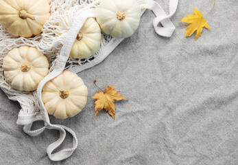 Fototapeta na wymiar Top view autumn composition with pumpkins in mesh shopping bag