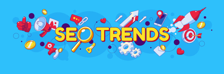 Seo trends cartoon banners in contemporary style with smartphone, loudspeaker, glass. arrows and target. Search engine optimization campaign for social media linear vector header or footer for website