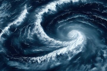 Satellite image of cyclone, storm and whirlpool. Three funnels of heavy clouds form the whirlpool. In the center of the whirlpool is ocean water. The water. 3D rendering