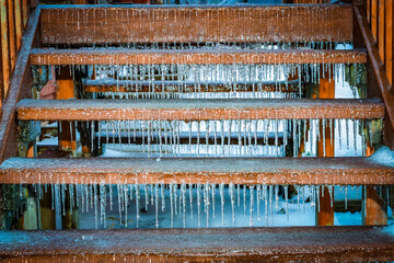 Frozen stairs after an ice pallet storm 
