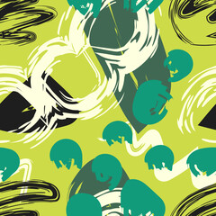 vector rough ethnic freeform and geometric brush stroke lines overlapped seamless pattern on yellow green