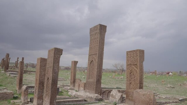Ahlat Seljuk Cemetery belongs to the medieval period. We see the tombstones. It has been included in the UNESCO World Heritage Tentative List. Bitlis, Turkey